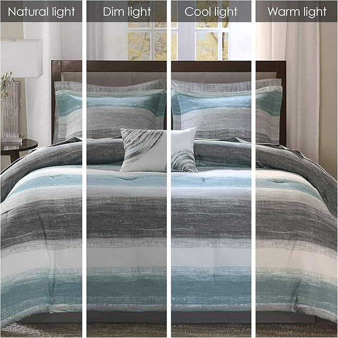 Madison Park Essentials Cal King Comforter Set, Bed in a Bag, Watercolor Print Coastal Comforter & Chambray Cotton Sheet Set, All Season Bedding Set, Saben, Aqua Cal-King (104 in x 92 in) 9 Piece