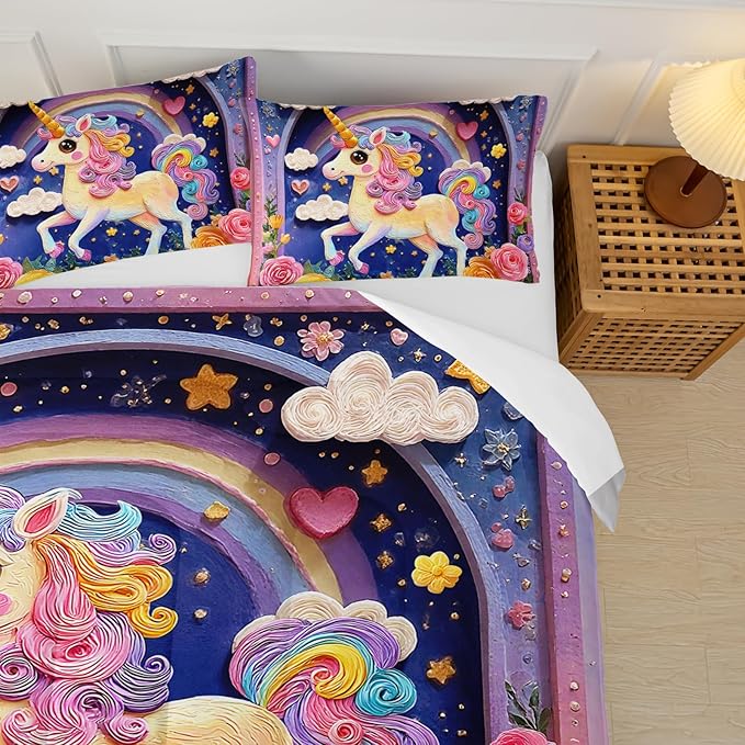 Pink Purple Rainbow Unicorn Flower Comforter Set Queen for Kids Girls，Girls Unicorn and Rainbows Bedding Sets Queen，with 1 Comforter with 2 Pillow Case，Unicorn Bedroom Decor and Bedding Set