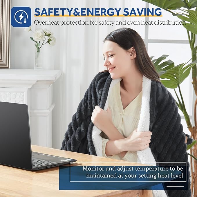 SEALY Electric Blanket Heated Throw, Soft Flannel to Sherpa Reversible Safe Heating with 6 Heat Settings & 2-10 Hours Auto Shut - Off Overheat Protection, Machine Washable, 50" x 60" Charcoal