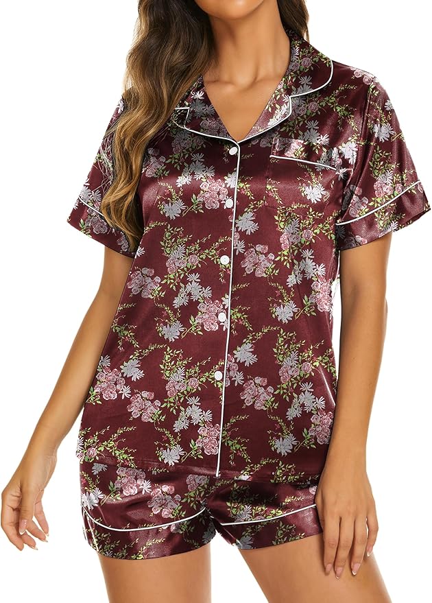 Ekouaer Pajamas for Women Set Silk Satin Pjs Shorts Sleepwear 2 Piece Loungewear S-XXL
