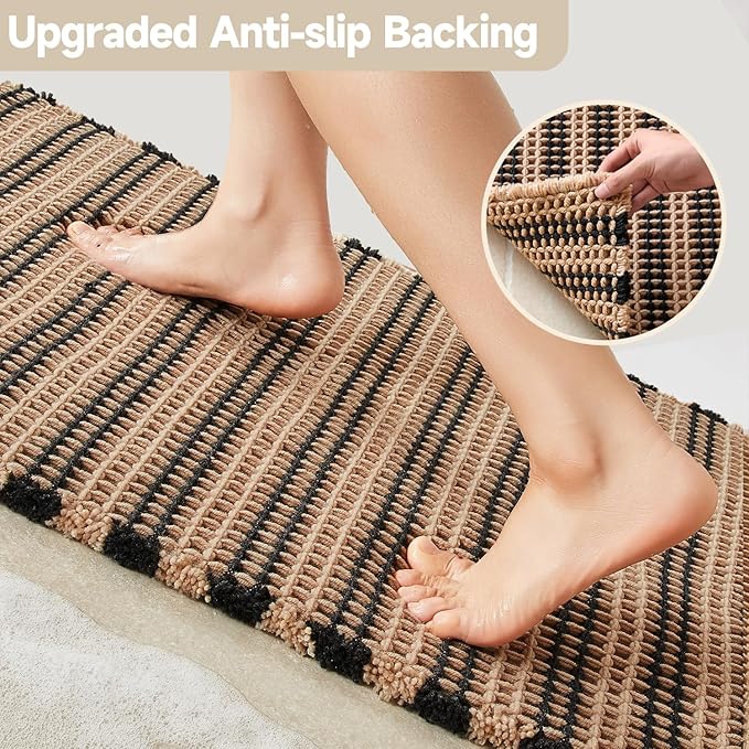 Waffle Runner Rug Bathroom, Long Boho Bathroom Rugs Non Slip Washable Super Absorbent Quick Dry Farmhouse Bath Decor, 72"x24" Black and Khaki