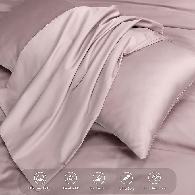 MooMee Duvet Cover Set 100% Extra Long Staple Cotton 600 Thread Count Silky Sateen Smooth Luxury Soft Breathable Durable Hotel Quality Bedding, 3 Pieces (Pale Mauve, Queen 90"x90")