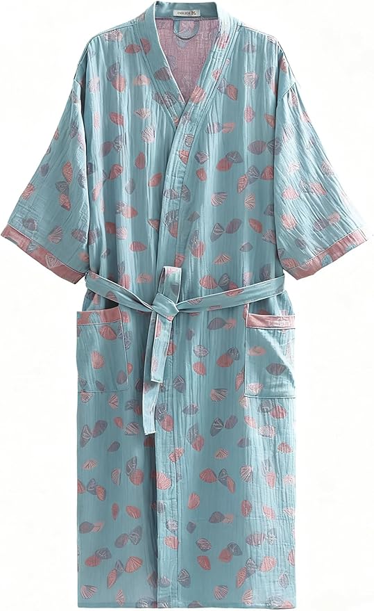 Women Cotton Double Gauze Jacquard Kimono Robe Bathrobe with Belt Pocket Comfortable Loungewear Yukata Sleepwear