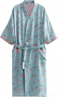 Women Cotton Double Gauze Jacquard Kimono Robe Bathrobe with Belt Pocket Comfortable Loungewear Yukata Sleepwear