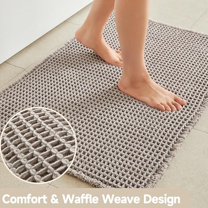 Waffle Bath Mat, Boho Bathroom Rugs Non Slip Washable Super Absorbent Quick Dry Bath Mat Farmhouse Bathroom Decor, 48"x24" Light Grey