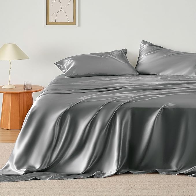 Bedsure Satin Sheets Full Size - 4 Piece Silky Bedsheets with 15 Inches Deep Pocket Fitted Bedsheet,1 Flat Sheet, 2 Satin Pillowcases, Good for Hair & Skin (Full, Dark Grey)