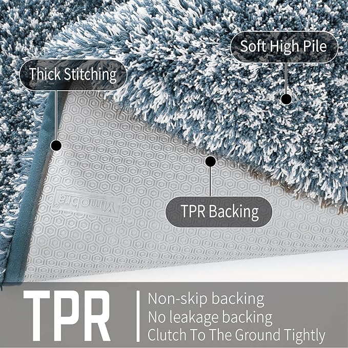 Yimobra Bathroom Rugs Non Slip Washable, Ultra Soft and Water Absorbent Bath Mats, Plush Fluffy Shower Mat Outside, Microfiber Thick Matts for Bathroom Floor/Sink, 24x17, Denim Blue and White
