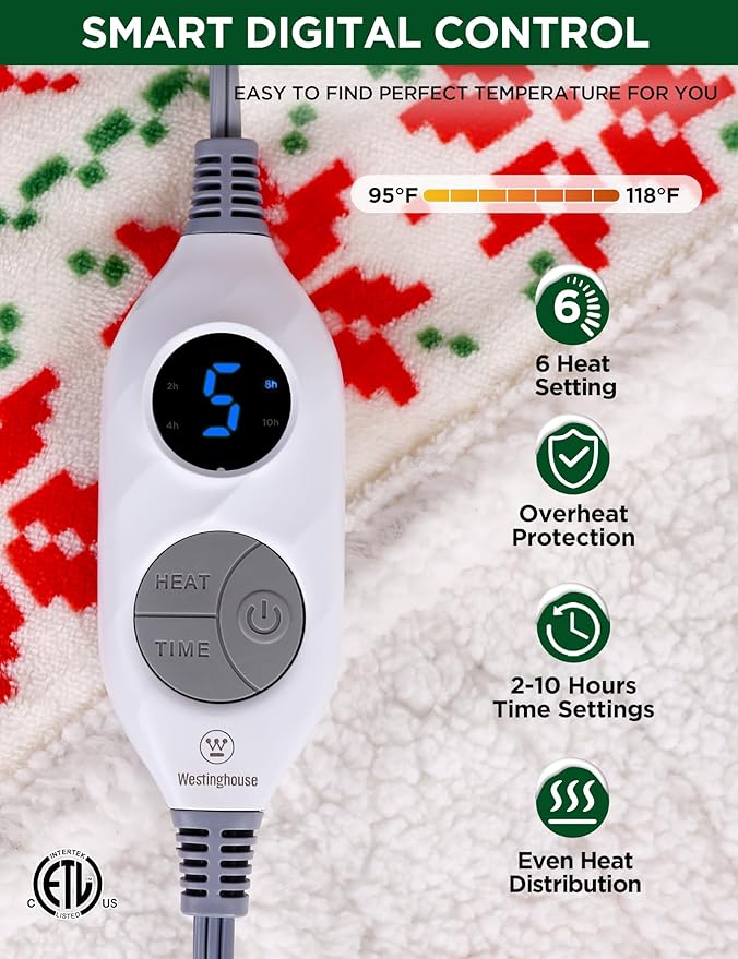Westinghouse Heated Throw Blanket, Super Soft Flannel to Sherpa Electric Throw with 6 Heating Levels & 2-10 Hours Auto Off, Fast Heating & Overheat Protection, 50x60 Inch, Christmas Tree