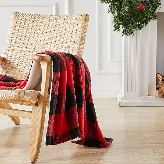 Fleece/Sherpa Throw Blanket - Super Soft Printed Blanket for Couch, Chair, or Bed - Cozy, Luxurious Plush Throw Blanket - Throw 50" x 60", Red/Black Buff Check