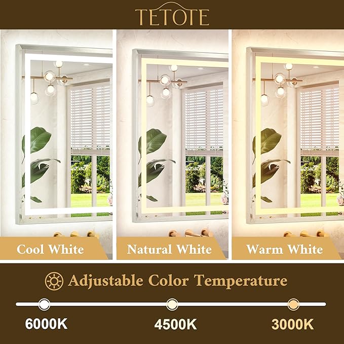 TETOTE 42 x 36 Led Mirror Brushed Bright Nickel Metal Frame Frontlit & Backlit Vanity Mirror Anti-Fog Stepless Dimmable 3 Colors White/Warm/Natural Wall Mirror with Lights Wall-Mounted