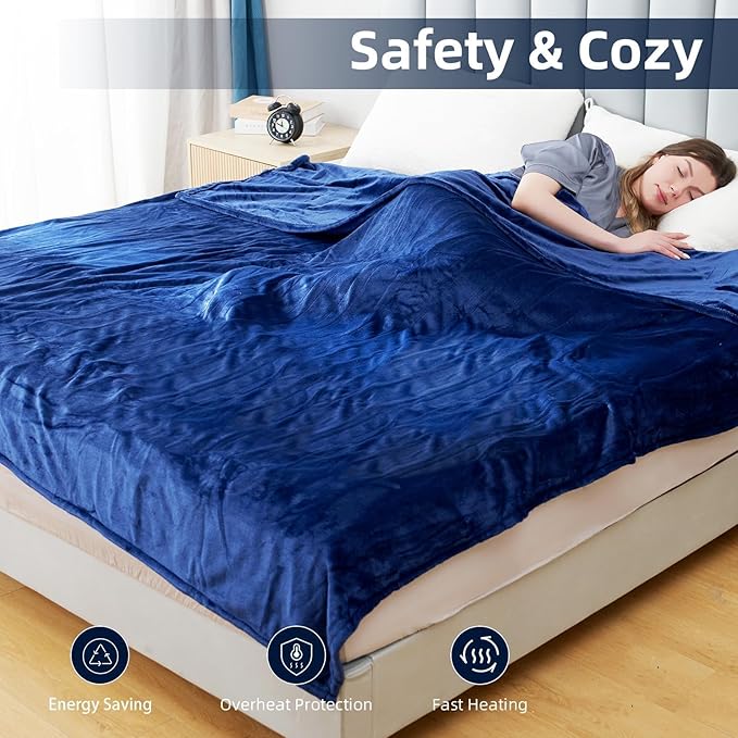 Electric Heated Blanket Full Size 72”x84”,Cozy Soft Warmth with 6 Heating Settings 1-10 Hours Auto-Off, Long Cord Energy-Saving, for Bed, Fast Heating Machine Washable, Navy Blue