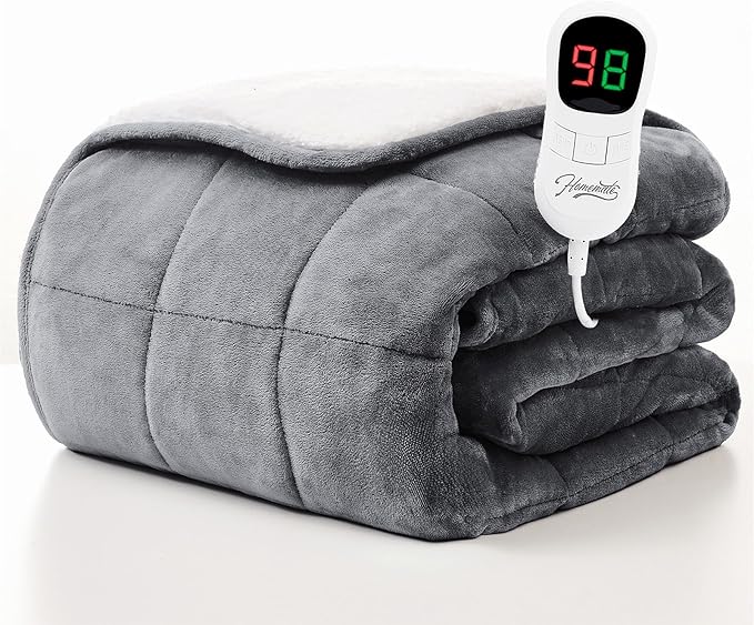 Homemate Heated Weighted Blanket for Adults - 62"x84" 20lbs Electric Throw Fast Heating Heavy Blanket 1/2/4/6/8 Hour Auto Off 10 Heat Levels Over-Heat Protection Soft Flannel Sherpa