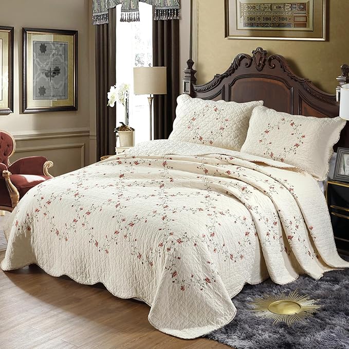 vctops 3-Piece Floral Embroidered Bedspread Coverlet Set 100% Cotton Reversible Patchwork 1 Quilt and 2 Pillow Shams Full/Queen, Flower