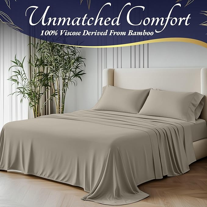 DECOLURE 100% Viscose Derived from Bamboo Sheets Queen Size 4pcs - Ultra Soft & Luxuriously Cooling, 17" Deep Pocket, Double Stitching, Perfect for Hot Sleepers - Queen Bed Sheets (Taupe)