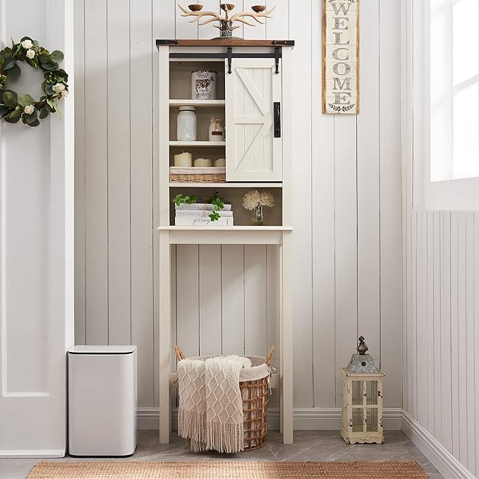 RedLemon Farmhouse Over The Toilet Storage Cabinet, 68" Tall Bathroom Cabinet with Sliding Barn Doors & Adjustable Shelves, Rustic Antique White