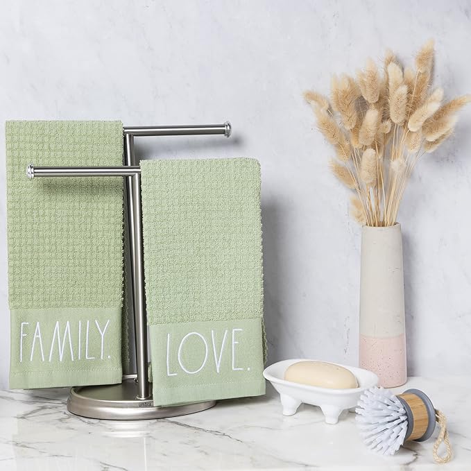 Rae Dunn Set of Hand Towels for Kitchen and Bathroom, 100% Cotton, Embroidered Dish Towels, Decorative Hand Towels, Sage- Love/Family, 2 Pack