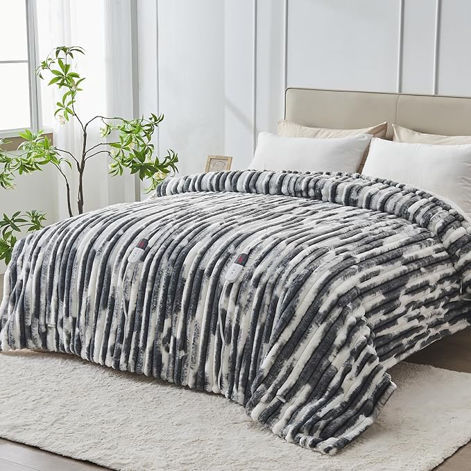 Heated Blanket Queen - 84"x90" Dual Control Bed Electric Blankets with 6 Heating Levels & 10 Hours Auto Off, Soft Ribbed Faux Fur Sherpa, Over-Heated Protection ETL, Dark Gray