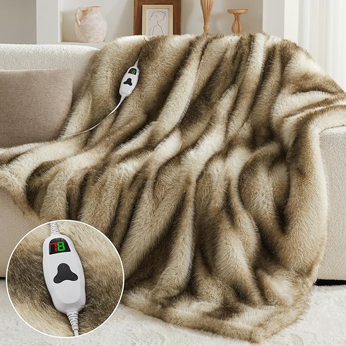 Heated Electric Blanket Throw,Octrot 50"X60" Faux Fur Heating Blanket Luxury Christmas Gifts Heavy Plush with 10 Heats Levels & 8 Hours Auto Off,Super Cozy Warm Fuzzy,Fluffy Decor Winter Warming,Brown