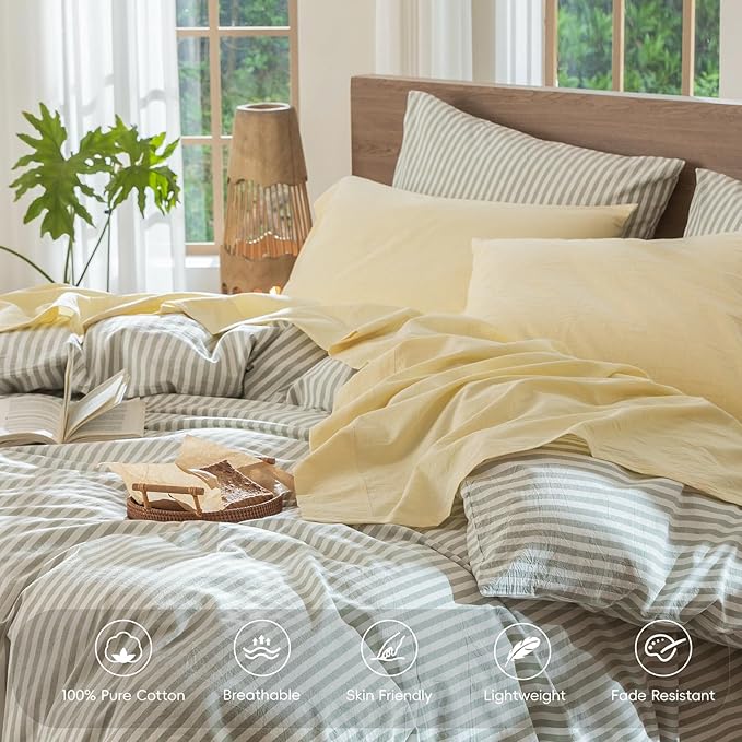 MooMee Bedding Sheet Set 100% Washed Cotton Linen Like Textured Breathable Durable Soft Comfy (Heathered Butter Yellow, King)