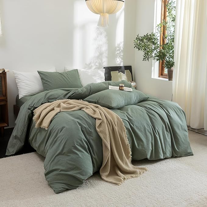 FOSSA Duvet Cover Set 100% Washed Cotton Linen Feel Super Soft Breathable Cozy Simple Style 3 Pieces Bedding Sets Solid Heathered Green Super King Plus