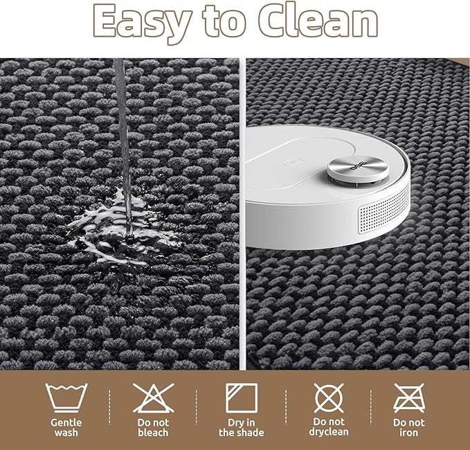 PADOOR-Bath Mat-Super Absorbent Chenille Bathroom Mats-Rubber Backed Bath Mats for Bathroom Non Slip, Easy Clean Bathroom Rugs Front of Bathtub,Shower Room,Sink-17×35, Darkgrey&Black