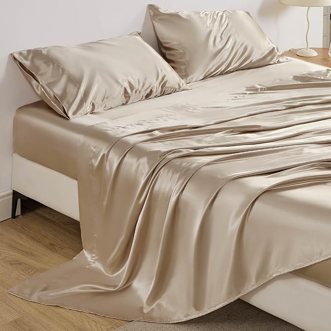 Bedsure Satin Sheets Queen Size - 4 Piece Silky Bedsheets with 15 Inches Deep Pocket Fitted Bedsheet,1 Flat Sheet, 2 Satin Pillowcases, Good for Hair & Skin (Queen, Khaki)