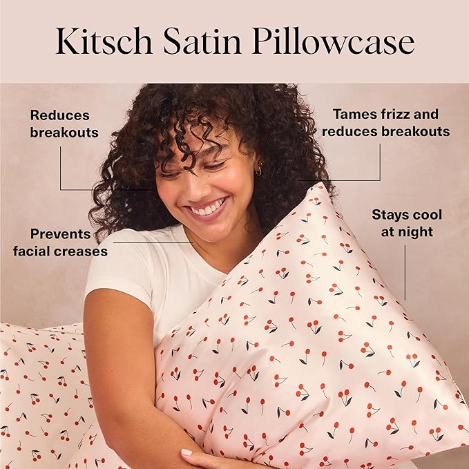 Kitsch Satin Pillowcase, Softer Than Silk Pillow Cases Queen, Cooling Pillow Covers, Satin Pillowcase w/Zipper for Hair, Skin & Quality Sleep, Wrinkle-Free & Smooth, Queen Size 19"x26", Cherry Print