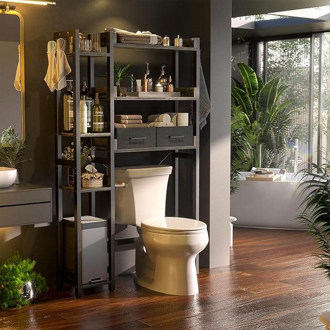 Over The Toilet Storage with 2 Drawers - 7 Tier Bathroom Organizer with Adjustable Shelf, Freestanding Space Saver Storage Rack Above Toilet Stand with 4 Hooks for Restroom, Laundry, Grey Oak