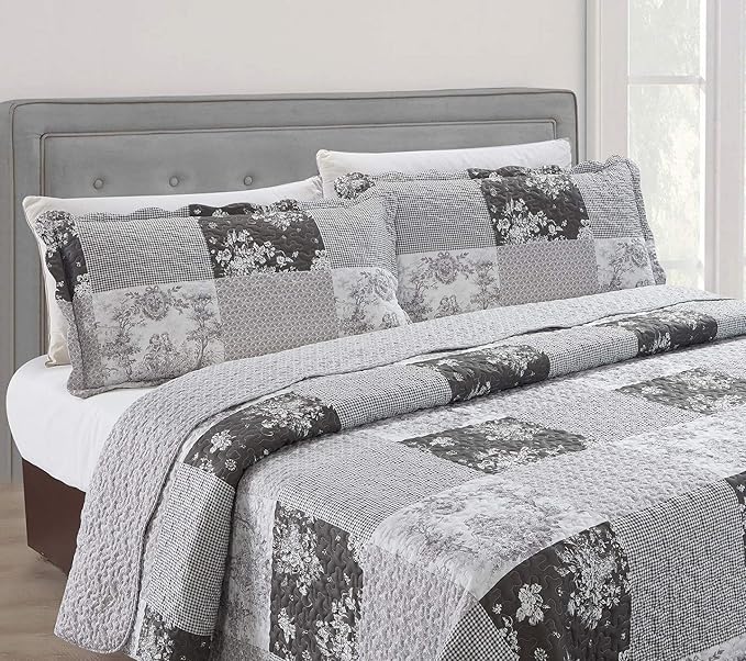 Brilliant Sunshine Grey Toile Floral Patchwork, 3-Piece Quilt Set with 2 Shams, Reversible Bedspread, Soft Lightweight Coverlet, All-Season, King, Grey