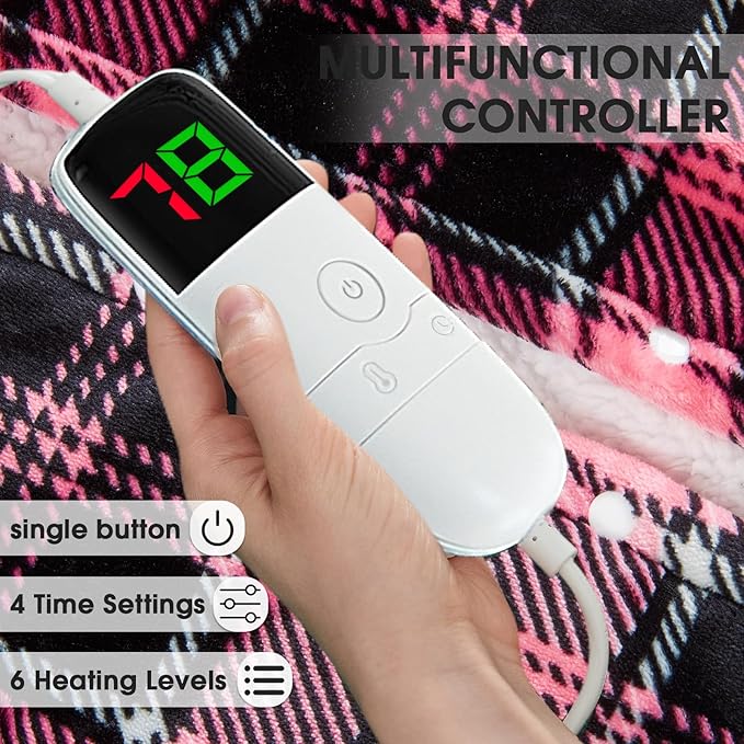 OCTROT Heated Blanket Electric, Twin Size 62X84, Heating Blanket with 10 Heating Levels & 8 Hours Auto Off, Pink Plaid Checkered Plaid Sherpa Blankets Warmer for Adults, Fast Heating Washable