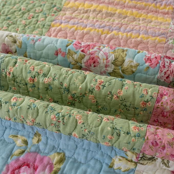 YAYIDAY Quilt King Size Patchwork Bedspread Set - 100% Cotton Reversible Breathable Floral Quilted Quilt with Pillow Shams Fit All Season