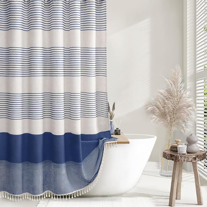 Awellife Blue Shower Curtain for Bathroom Linen Texture Stripe Tassel Shower Curtain 48 X 72 Inches Boho Neutral