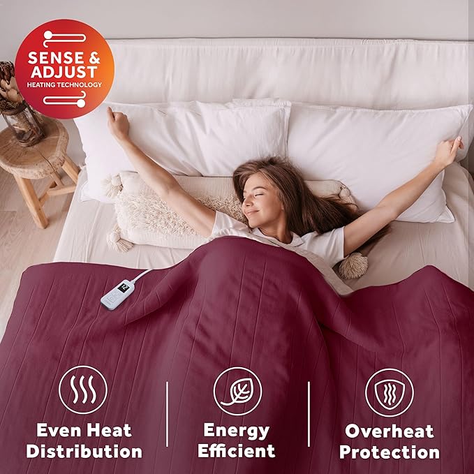 Sunbeam Electric Royal Luxe Microplush Heated Blanket, 12 Heat Settings, 12-Hour Auto Shut-Off, Fast Heating, Warm & Cozy, Machine Washable, Cabernet Color, Full (84" x 72")