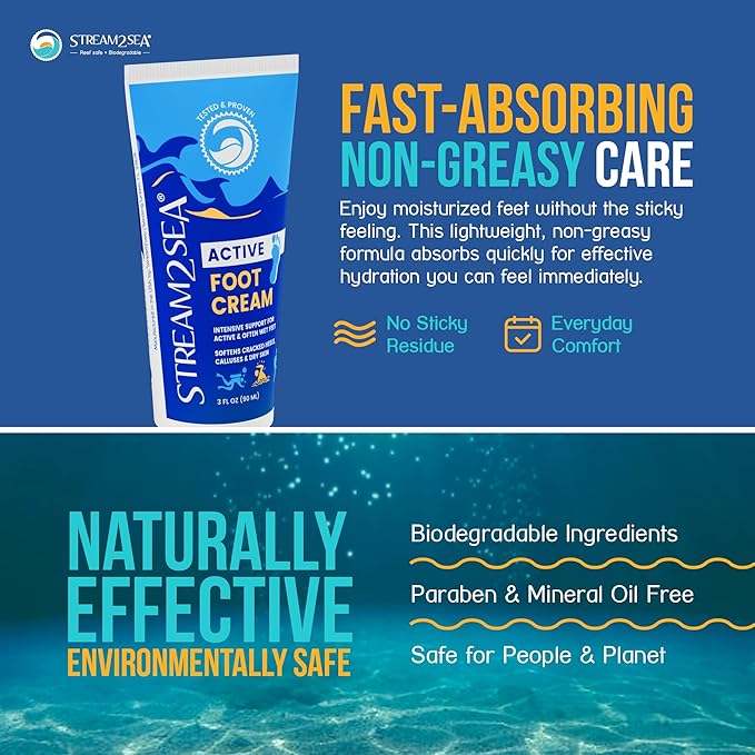 STREAM 2 SEA Active Foot Cream, Intensive Support for Active & Often Wet Feet - Softens Cracked Heels, Calluses & Dry Skin, Enriched with Neem and Tea Tree, Fast-absorbing and Non-greasy - 2 Pack