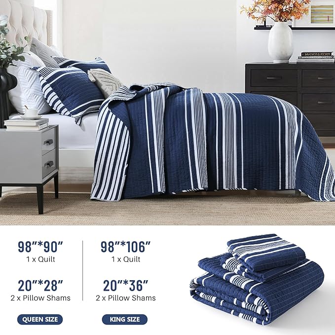 Striped King Size Quilt - 100% Cotton Navy Blue White Striped Modern Boys Men Unisex Quilt Bedspread for King Bed, Lightweight Reversible Quilted Bedding Set with 2 Pillow Shams for All Season