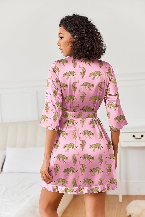 Ekouaer Women's Satin Robes Silk Kimono Bath Robe Short Ruffled Hem Bride Bridesmaid Sleepwear with Pockets