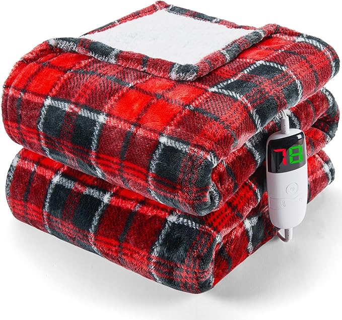 OCTROT Heated Blanket Electric Throw 50X60, Christmas Heating Throw Gift with 10 Heating Levels & 8 Hours Auto Off, Red Plaid Checkered Sherpa Blanket Warmer for Adults, Couch Bed Office Use