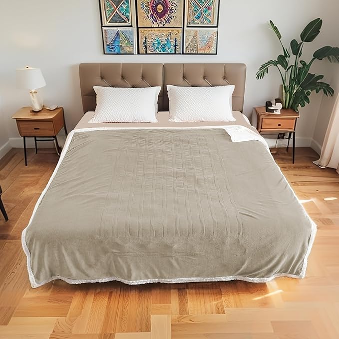 Electric Heated Blanket Queen Size 84"x90", Soft Flannel with Dual Controllers & Overheat Protection, 6 Adjustable Heat Settings & 10-Hour Auto-Off Timer, Fast Heating for Winter Comfort, Camel