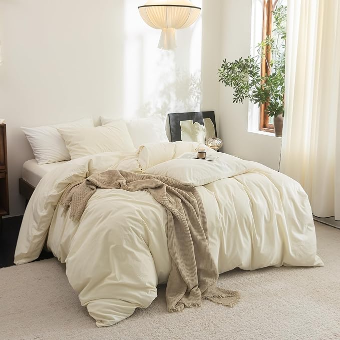 FOSSA Duvet Cover Set 100% Washed Cotton Linen Feel Super Soft Breathable Cozy 3 Pieces Bedding Sets Solid Cream White Super King Plus