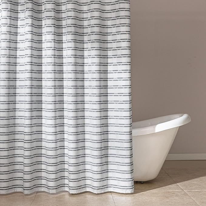 Amazon Basics Geometric Jacquard Fabric Shower Curtain for Bathroom, Lightweight, Waterproof and Washable, 72" W x 86" L, Grey Striped