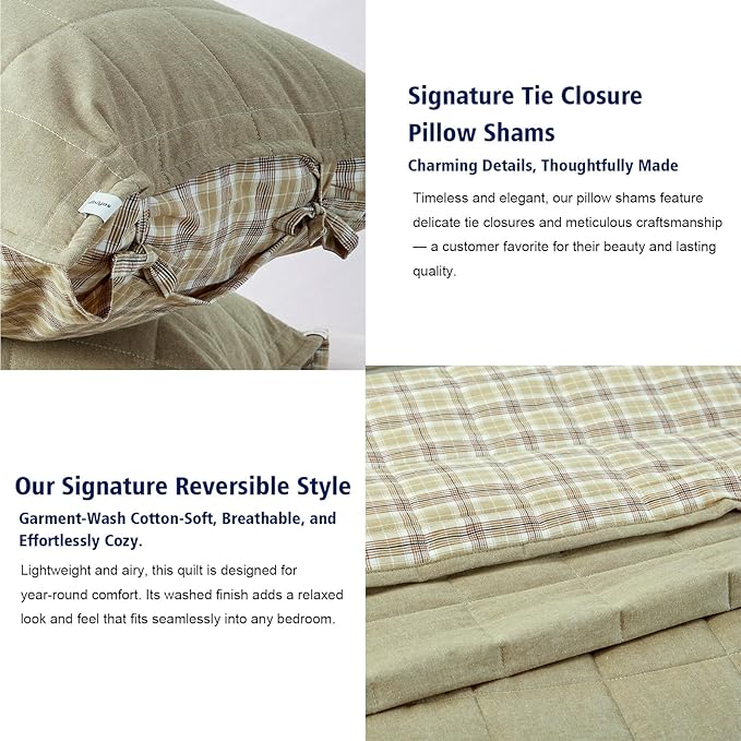 Moss Green Bedspreads Queen Size， Cotton Quilt 3-Pieces Bed Set Queen Size with Green Checked Stone Washed Bedding Coverlet with 2 Pillow Shams