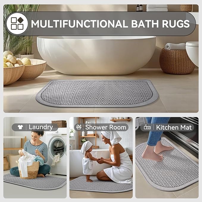 Bathroom Rugs Mat 20x31, Non Slip Ultra Thin Bath Mat Quick Dry Absorbent Washable Woven Half Round Bath Mats for Bathroom Floor Rubber Backed Fit Under Door Grey