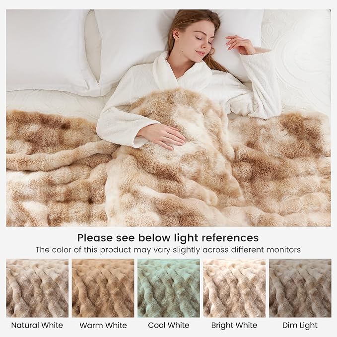 Cozy Bliss Faux Fur Throw Blanket King Size, Fuzzy Soft Plush Thick Bubble Blanket for Bed Couch Bedroom Living Room, 108x90 Inches Tie-dye Beige