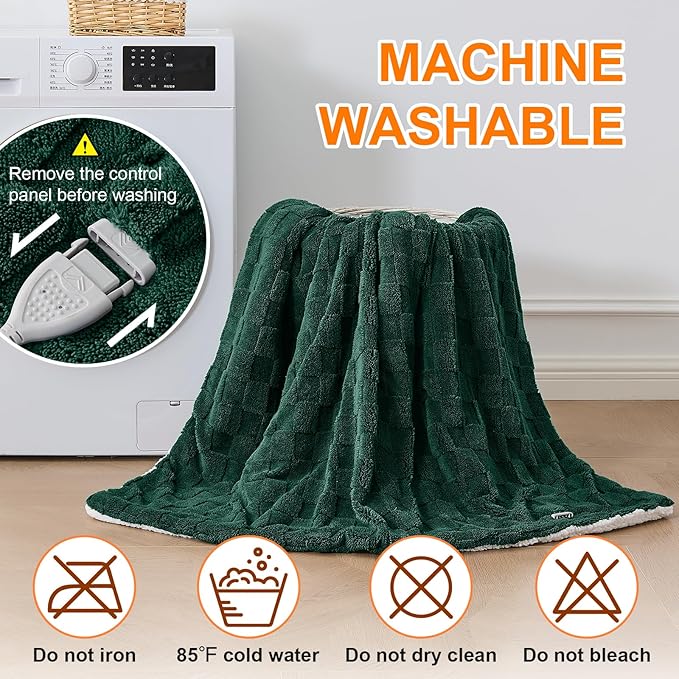 Electric Heated Blanket Twin Size - Jacquard Checkered Sherpa 62"x84" Fast Heating Bed Blankets with 6 Heating Levels & 10 Hours Auto Off, Over-Heat Protection ETL, Dark Green