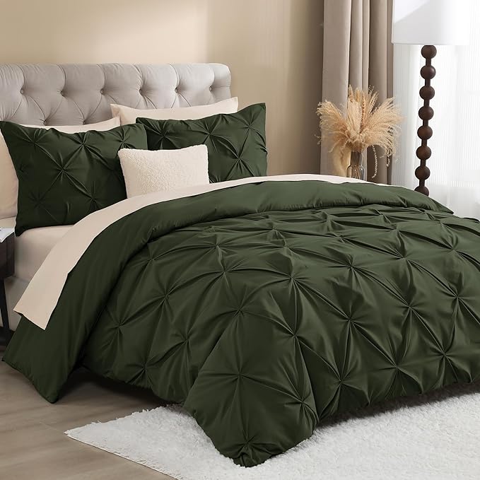 Litanika Olive Green Pinch Pleat Duvet Cover Queen, 3 Pieces Pintuck Soft Microfiber Bedding Set with Zipper Closure & Corner Ties(90x90Inch-1 Duvet Cover, 2 Pillowcases)