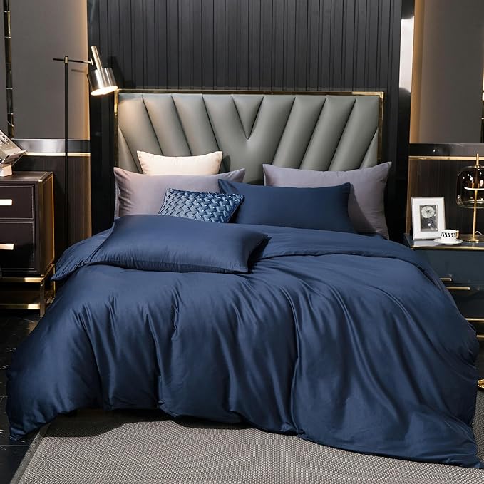 MooMee Duvet Cover Set 100% Extra Long Staple Cotton 600 Thread Count Silky Sateen Smooth Luxury Soft Breathable Durable Hotel Quality Bedding, 3 Pieces (Navy Blue, King 104"x90")