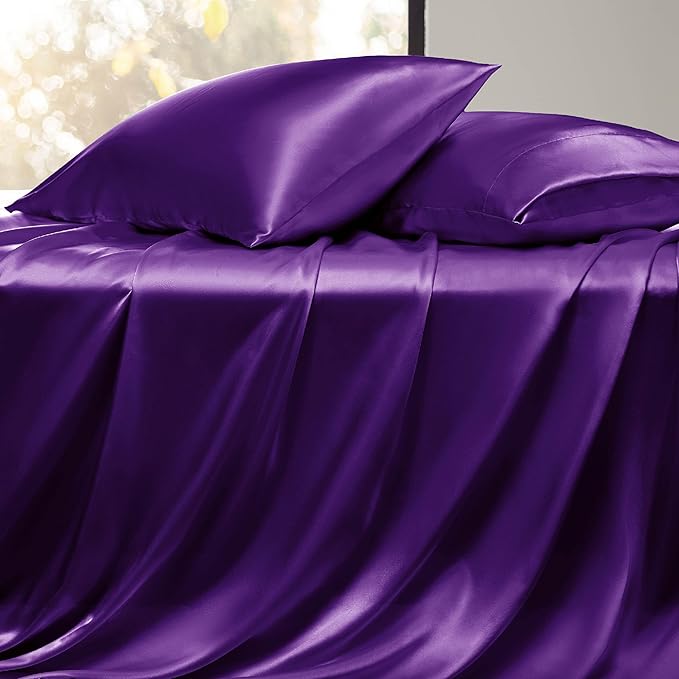 Bedsure Satin Sheets Full Size - 4 Piece Silky Bedsheets with 15 Inches Deep Pocket Fitted Bedsheet,1 Flat Sheet, 2 Satin Pillowcases, Good for Hair & Skin (Full, Purple)