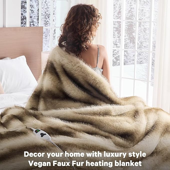 Heated Electric Blanket Twin, Octrot 60"X80" Faux Fur Heating Blanket Luxury Christmas Gifts Heavy Plush with 10 Heats Levels & 8 Hours Auto Off,Super Cozy Warm Fuzzy,Fluffy Decor Winter Warming,Brown