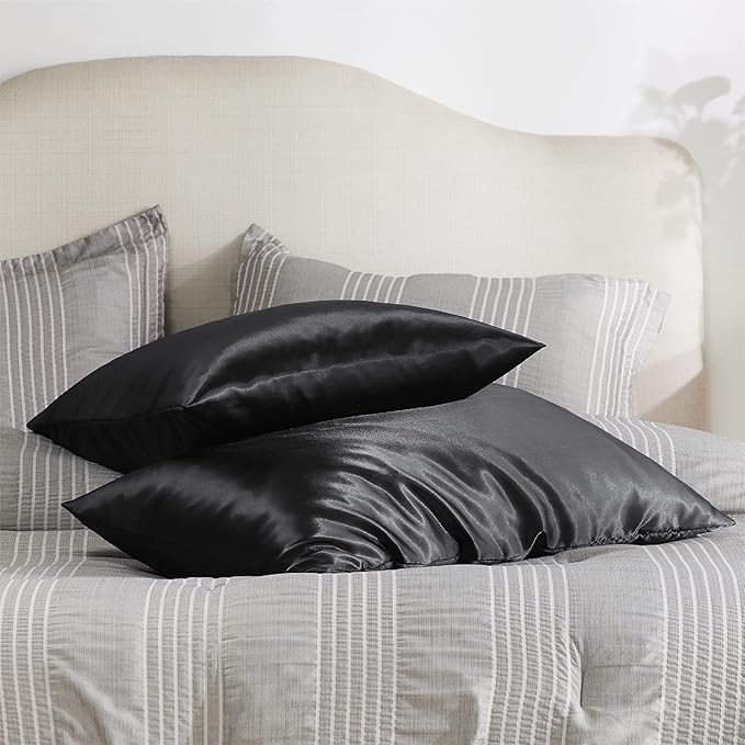 Bedsure Satin Pillowcase with Zipper, Similar to Silk Pillow Cases 2 Pack, Satin Pillow Cases Queen Size Set of 2, Silky & Soft Black Pillow Covers for Hair and Skin, Gifts for Women Men, 20x30 Inches