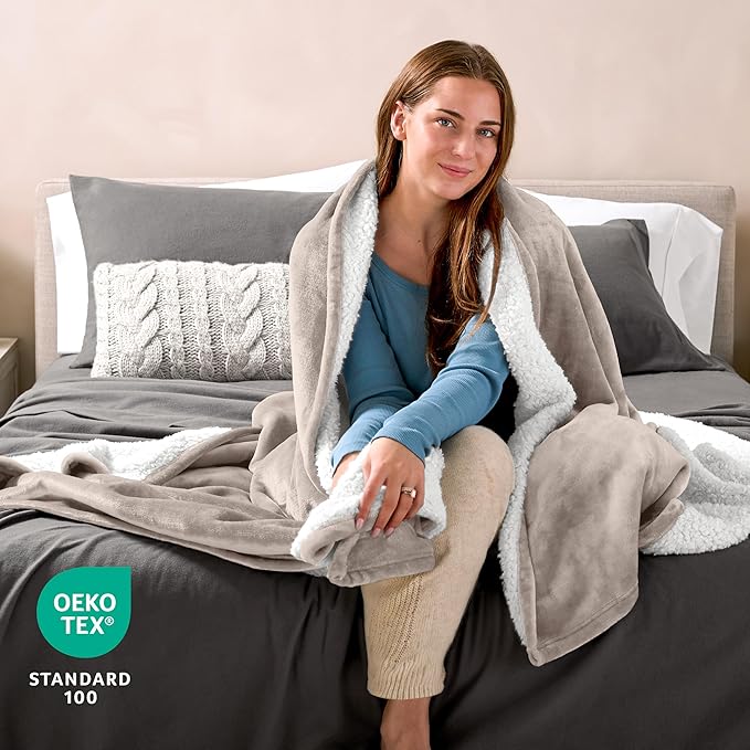 Bare Home Sherpa Fleece Blanket - Twin/Twin Extra Long - Blanket for Bed, Sofa, and Couch - Warm & Lightweight - Fluffy & Soft - Reversible (Twin/Twin XL, Light Taupe)